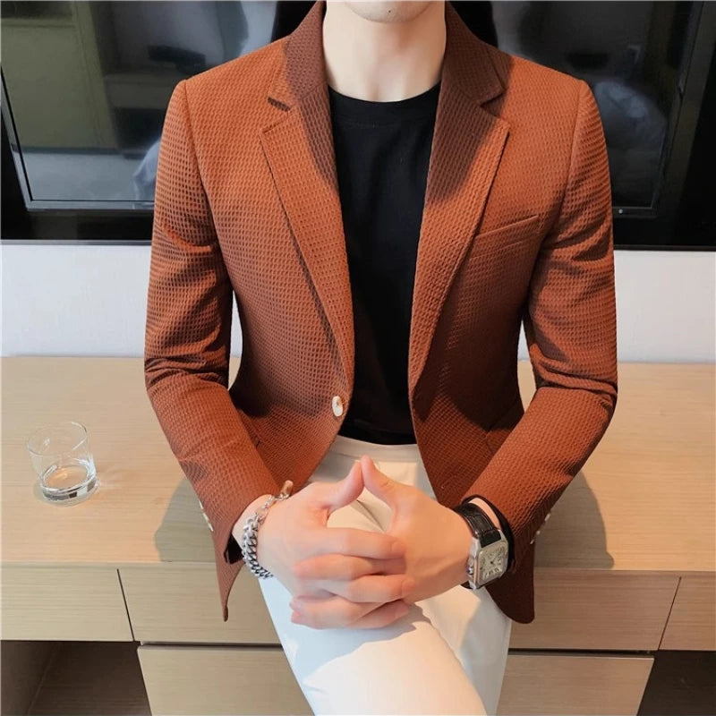 Men’s Waffle Plaid Blazer Coat, Hounds-Tooth Pattern, Wool-Blend Overcoat for Autumn & Winter - Lightweight, Stretchable