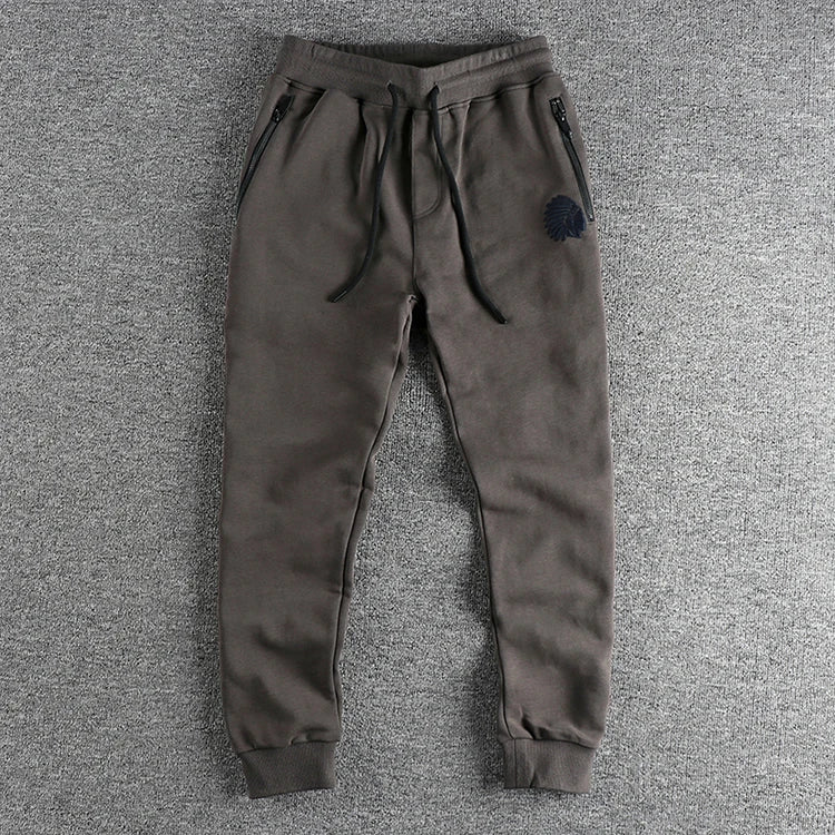 Autumn American Retro Terry Knitted Embroidery Sweatpants Men's Simple Elastic Waist Drawstring Sport Casual Youth Slim Pants