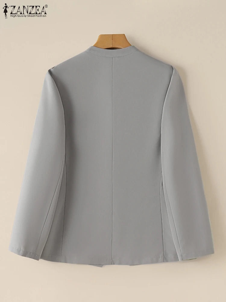 2025 Autumn Lightweight Blazer for Woman V-Neck Long Sleeve Solid Colour Casual Suit Coats Korean Fashion Office Wear