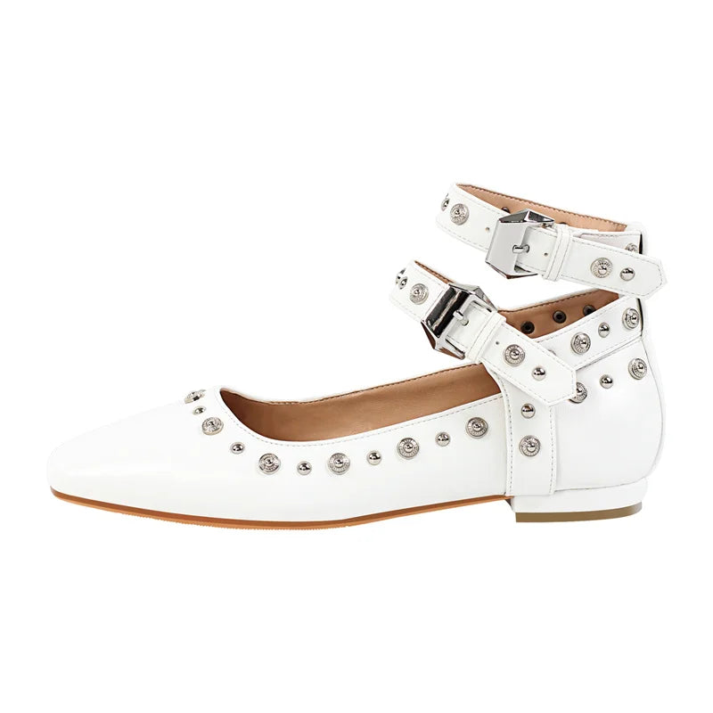 Women White Square Toe Buckle Strap Mary Jane Flats Elegant Big Size Daily Flats Pumps