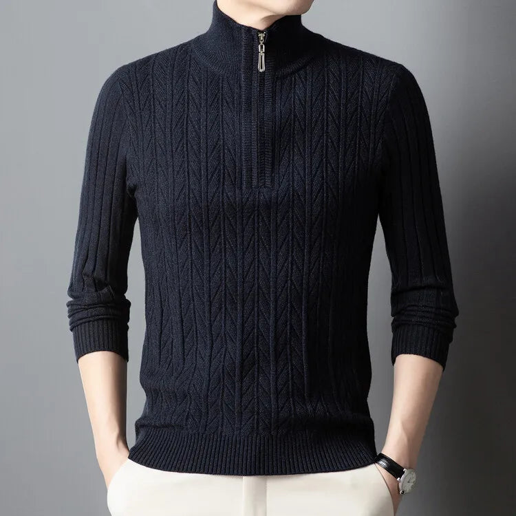 Men's High-Quality Semi-High-Neck, Business Casual Warm Sweater, Stretchy Striped Male Pullover Sizes M-4XL