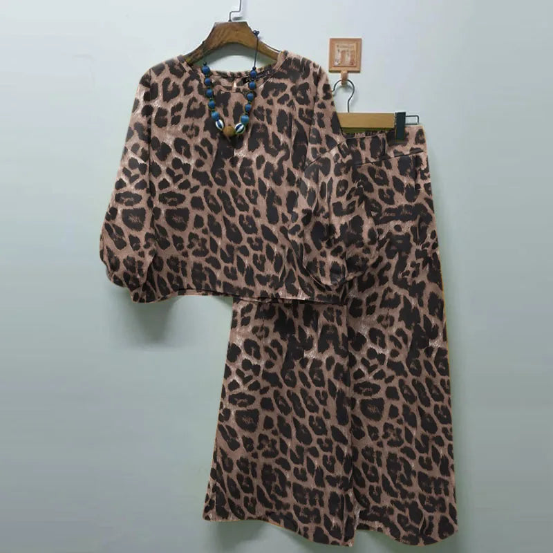 Spring Casual Leopard Printed Suit 3/4 Sleeve O-Neck Blouse Loose Trousers 2PCS Woman Fashion Party Matching Sets