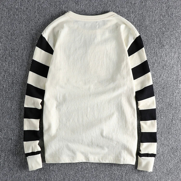 Herfst Amerikaanse Retro Lange Mouw Zwaargewicht Gestreept T-shirt Herenmode Puur Katoen Gewassen Gevangenis Motorfiets Casual Tops