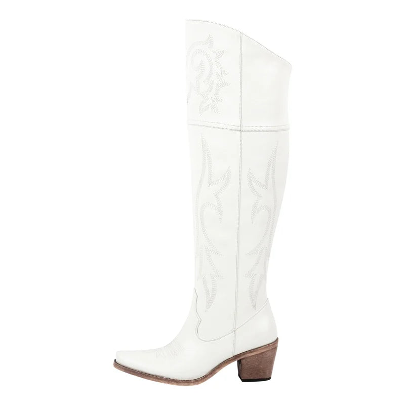 Winter Women Black Brown Knee High Boots Pointed Toe Chunky Pull On Embroidered Thick Heels Boots Zipper Large Size