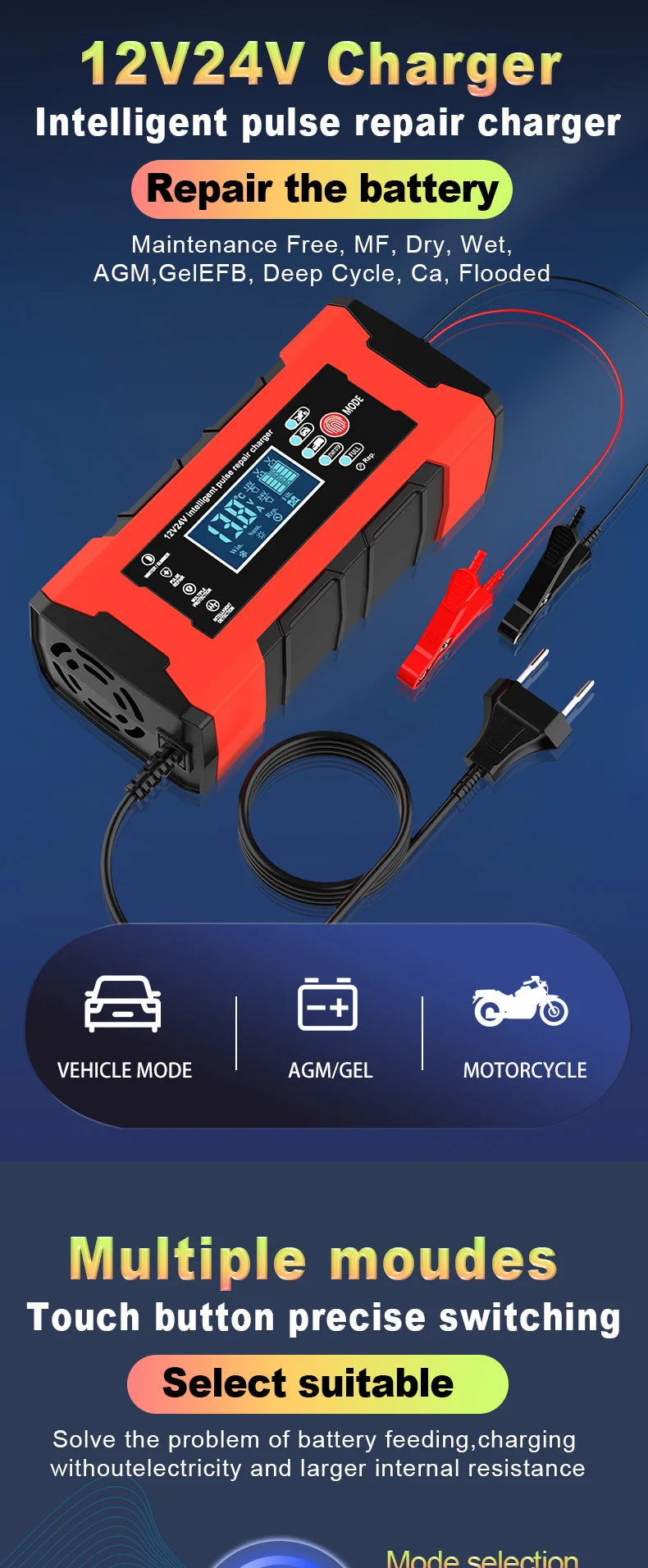 24V 5A 12V 10A Battery Charger Smart Fast Charging for Car Batteries 7-Stage Charge Pulse Repair for AGM GEL WET Lead Acid