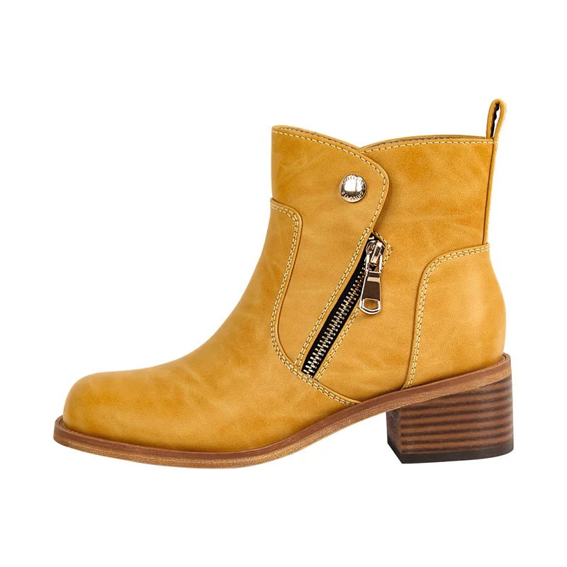 Women Round Toe Side Zipper Ankle Boots Gothic Heeled Conciser Winter Combat Boots
