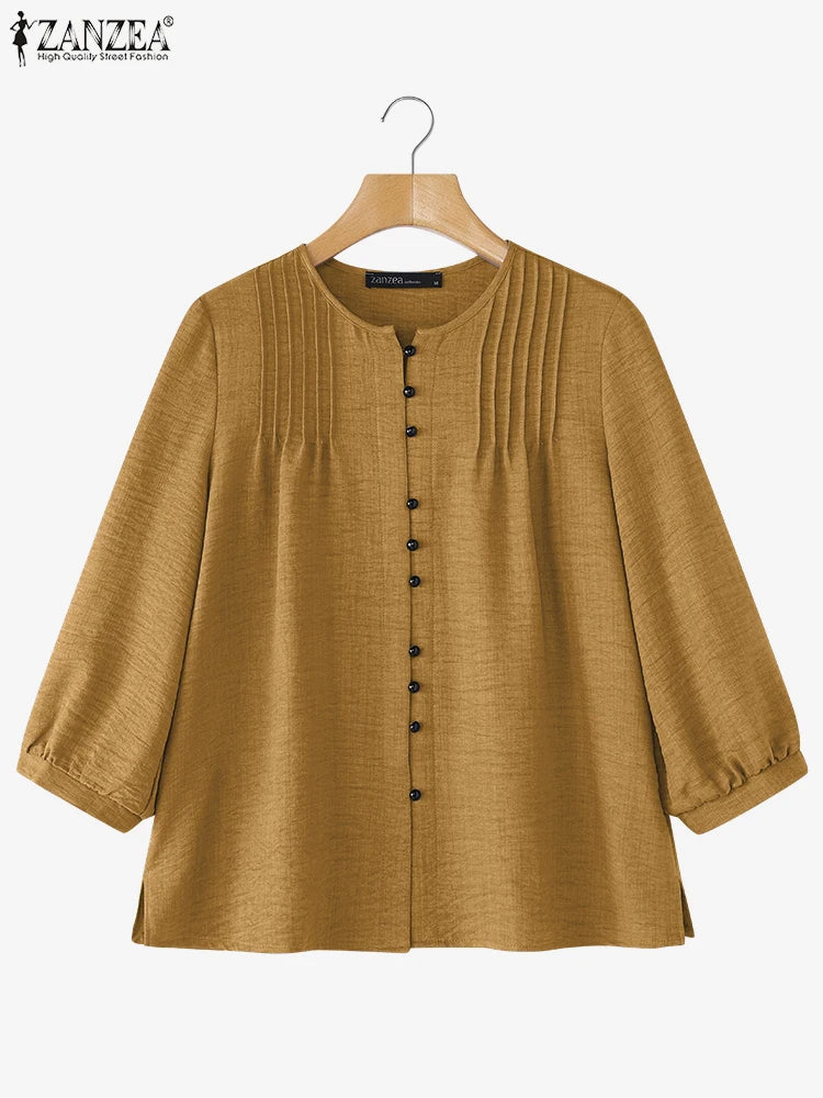 2025 Autumn Office Shirts Women Long Sleeve Buttons Blouses Casual O Neck Solid Loose Tops Female Work OL Blouses Chemise