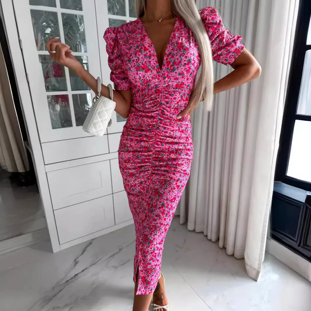 Women Sexy Deep V Dress Summer New Pile Up Sleeves Slim Floral Print Elegant Dress Fashion Short Sleeve Party Vestidos