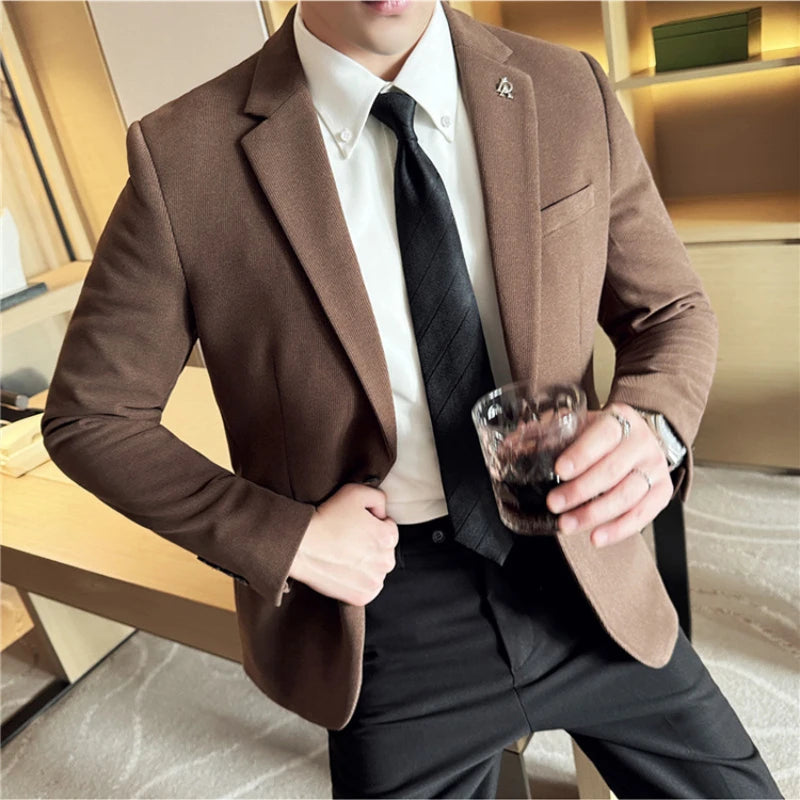 Men's Thickened High-Quality Daily Work Formal Single-Breasted Woollen Coat with Dark Stripe for Autumn and Winter Size S-4XL