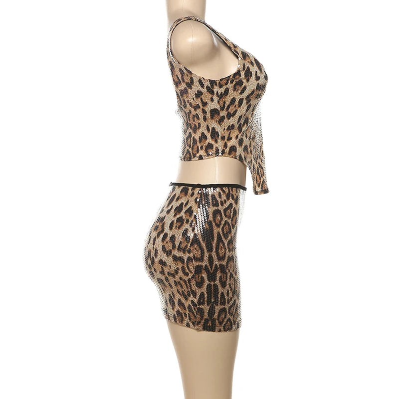 Leopard Sequin 2 Piece Set Women 2025 Summer Trend Backless Crop Top + Skinny Mini Skirt Matching Street Sexy Wild Suit For Women