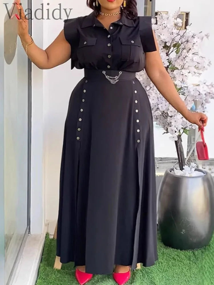 Women's Casual Solid Color Sleeveless Button Front Shirt Blouse and High Waist Big Swing Skirt 2pcs Set
