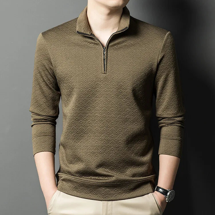 Men's Zipper Stand-Up Collar Long Sleeve T-shirt, Autumn & Winter Fashion Brand Loose Pullover With Advanced Geometric Jacquard Fabric