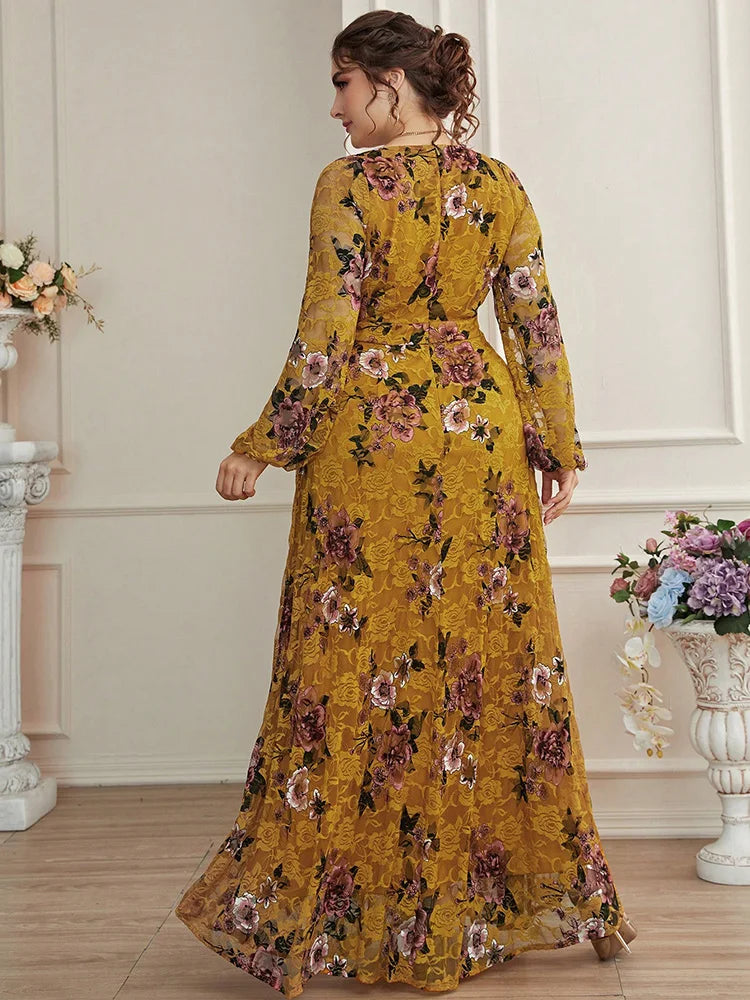 Spring Summer Lace Mesh Floral Print Lantern Sleeve Women Clothing 2024 New Plus Size Luxury Elegant Party Evening Dress