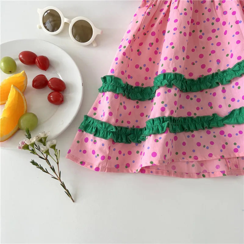 Summer Girls Clothing Dot Children Dress Pink Dresses for Kids 1-5Y
