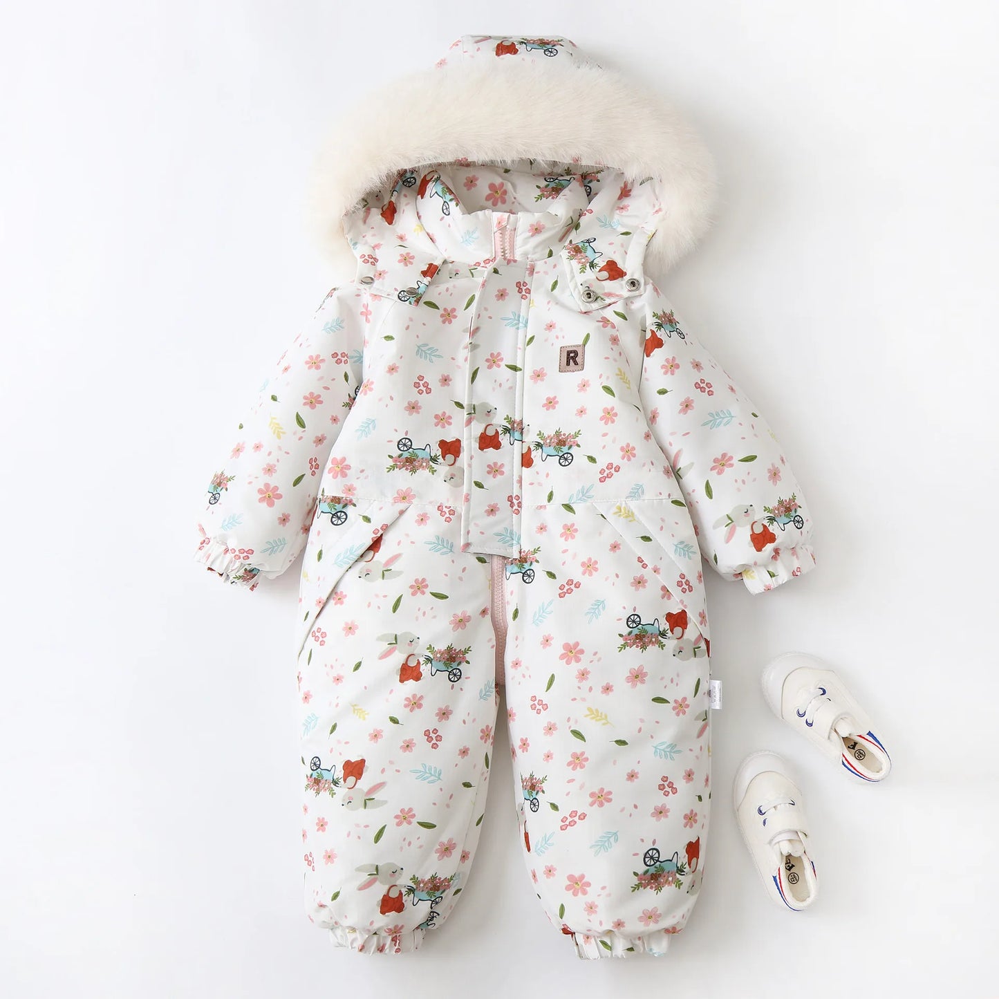Unisex Children's Snowboard Winter Warm Clothing Snow Suit Floral Printed Fur Lining Hooded Snowboard Coats For Kids