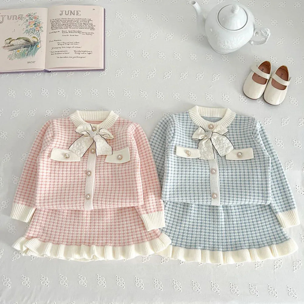 Spring Autumn Children's Clothing Set Girls Plaid Knitted Sweater and Skirt 2PCS Trendy Bow Cardigan Outfit 1-5Y Girls