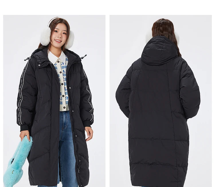 Women's Long Puffer Coat With Striped Webbing, Oversized Straight-Cut Sporty Style, Duck Down Thick Warm Jacket