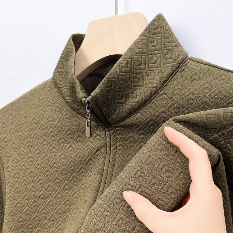 Men's Zipper Stand-Up Collar Long Sleeve T-shirt, Autumn & Winter Fashion Brand Loose Pullover With Advanced Geometric Jacquard Fabric