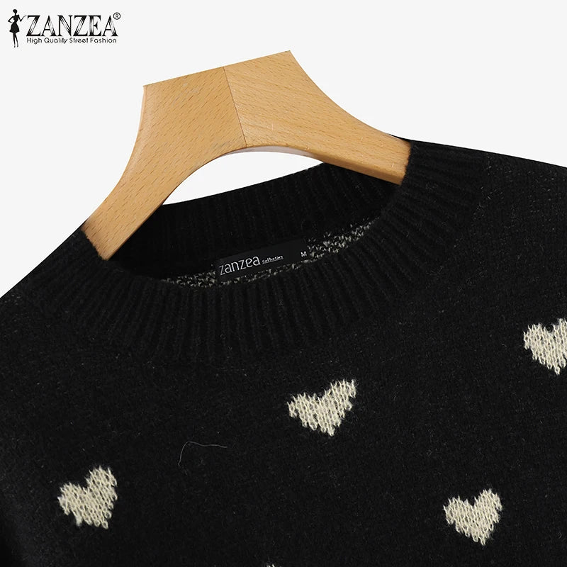 Women Loose Knitted Sweaters 2025 Spring Autumn Lantern Sleeve O Neck Heart Pattern Pullovers Streetwear Stylish Tops
