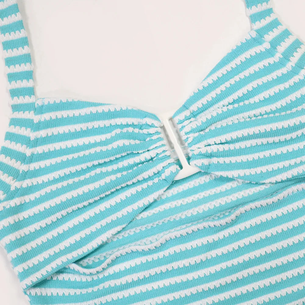 Women's Sexy Halter Backless Striped Sleeveless Top and High Waist Pencil Pants 2pcs Set