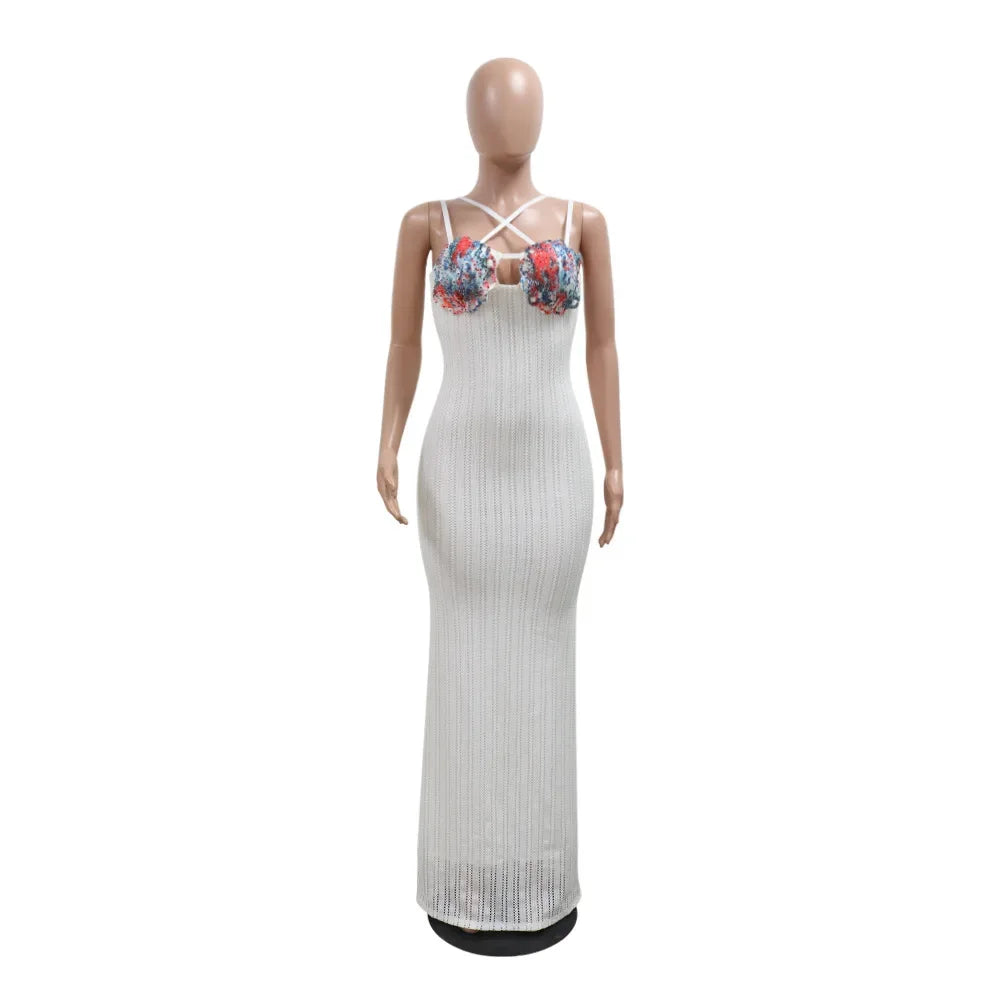 Women Sexy Solid Color Spaghetti Strap Sleeveless Backless Embroidery Floor-length Party Dress