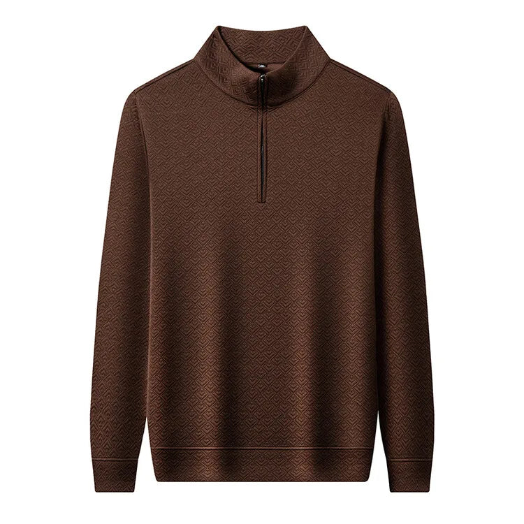 Men's Zipper Stand-Up Collar Long Sleeve T-shirt, Autumn & Winter Fashion Brand Loose Pullover With Advanced Geometric Jacquard Fabric