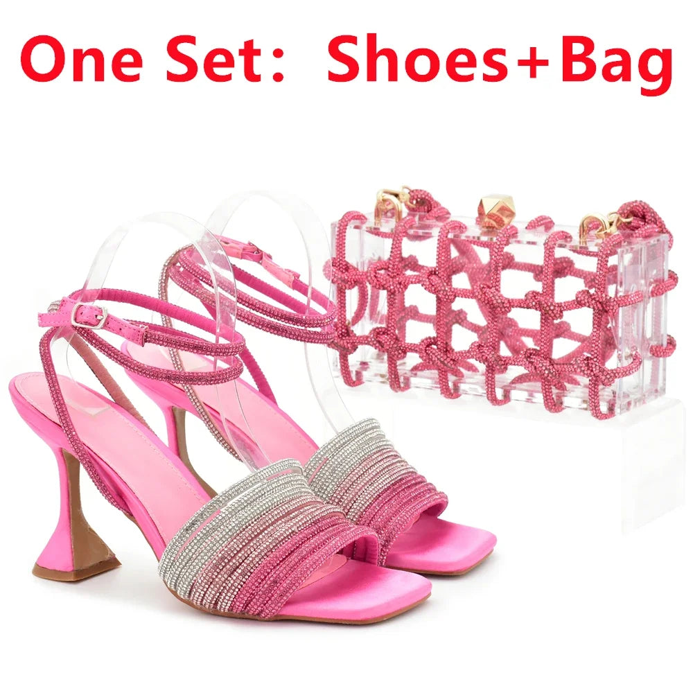 African Shoe and Matching Bag Set Decorated with Rhinestone High Heels for Women