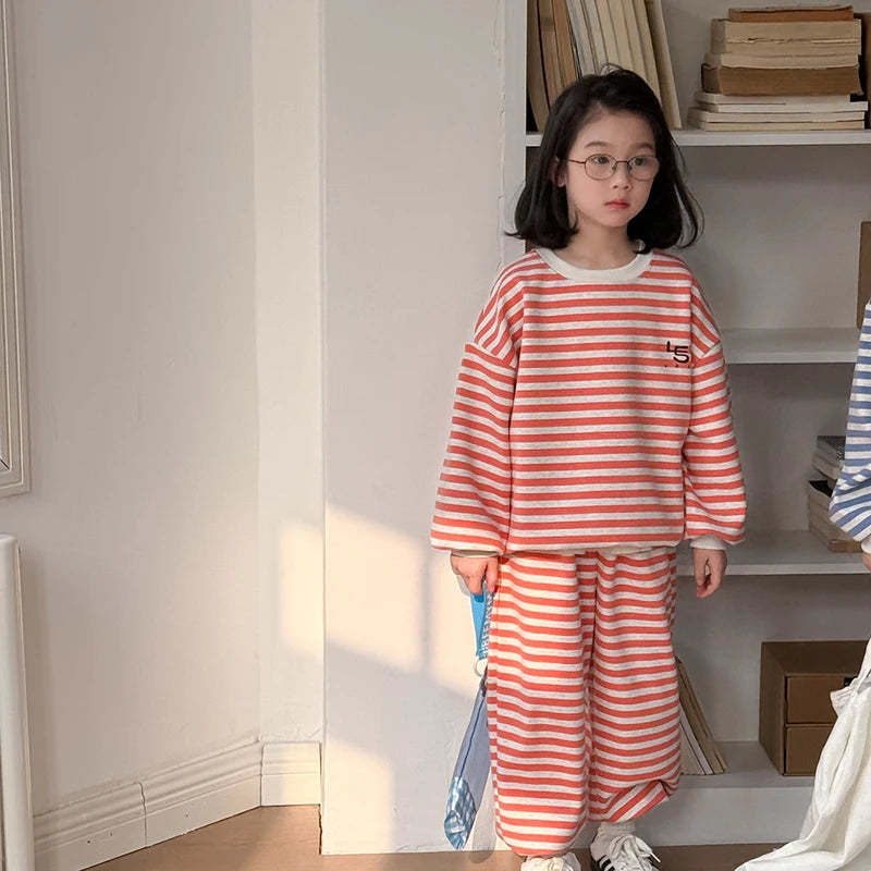 Spring Children's Clothes Boys' Tracksuit Kid's O-Neck Hoodie Set Girls' Korea Striped Letter Printed Sweatshirt 2Pcs Suit 4-6Y Unisex