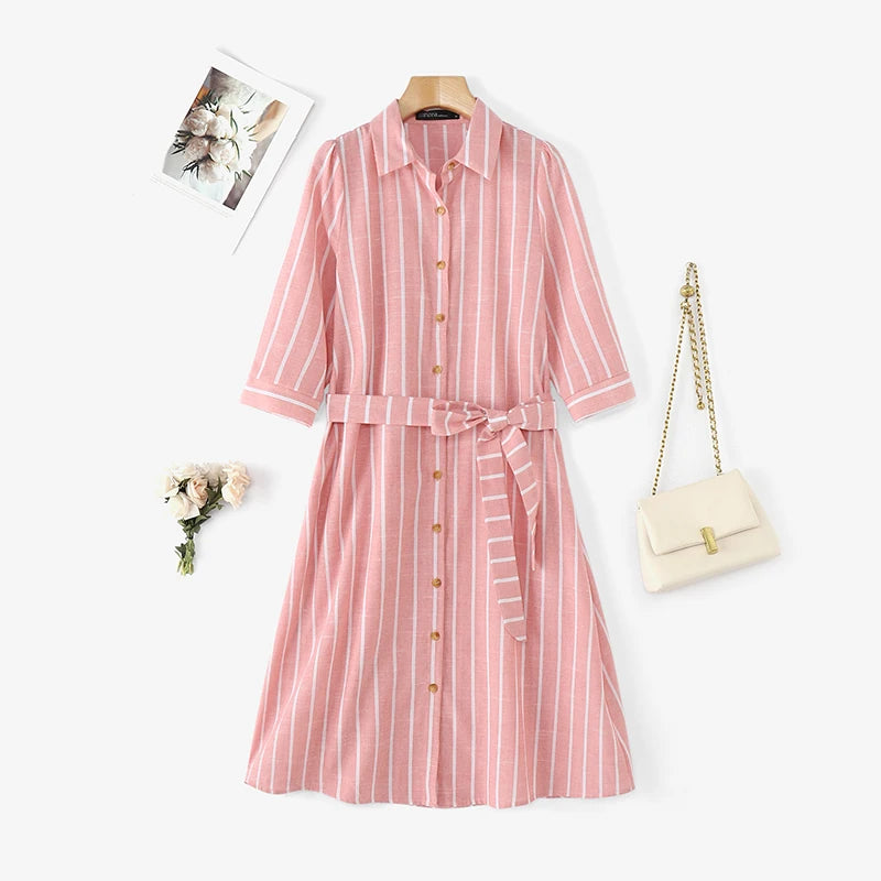 Women Striped Shirt Dress Elegant Lapel Neck 3/4 Sleeve A-line Midi Dresses 2025 Summer Tie-Waist Robes Femme Vestidos