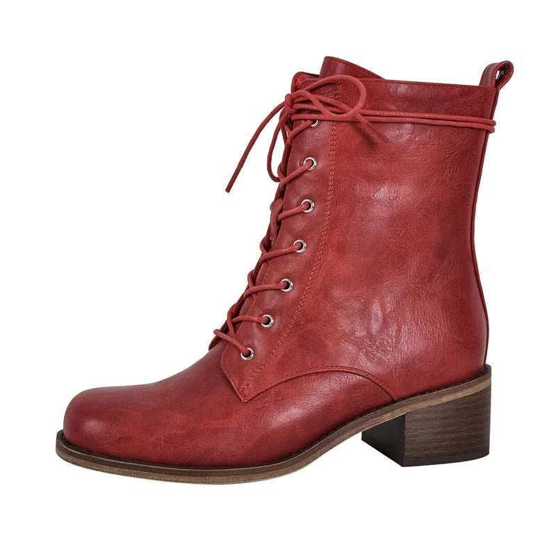 Women Brown Lace UP Ankle Boots Round Toe Gothic Heeled Concise Side Zipper Winter Motorcycle Boots