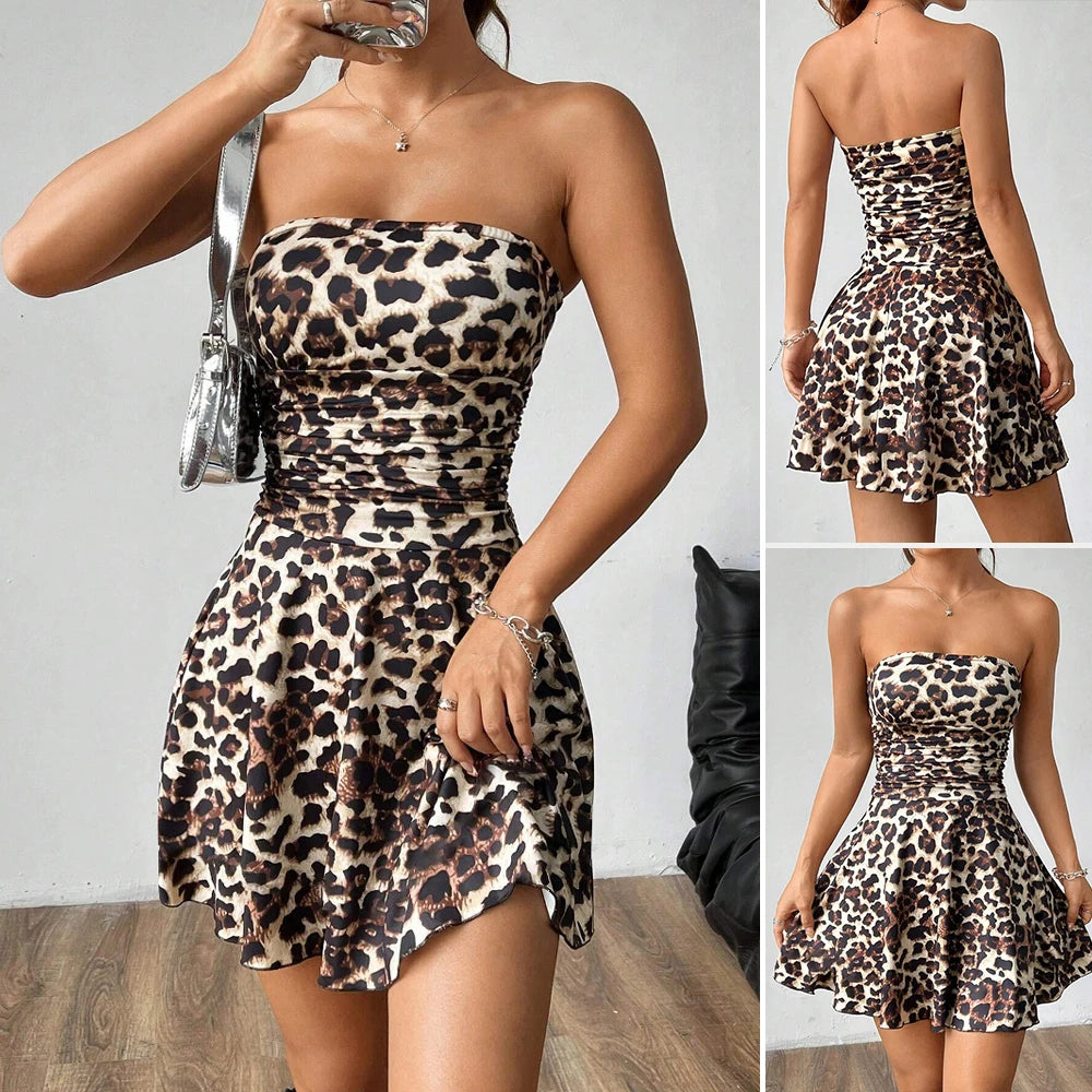 Women's Summer 2025 Dresses Strapless Leopard Print Ruffled Hem High Slit Mini Dresses