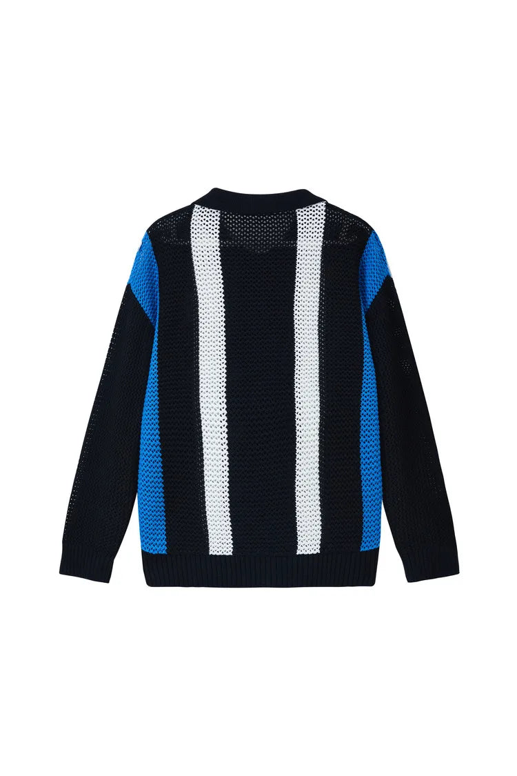 Men's Autumn/Winter Colour-Block Striped Polo Collar Knitted High Quality Hollow Out Cardigan With 60% Cotton