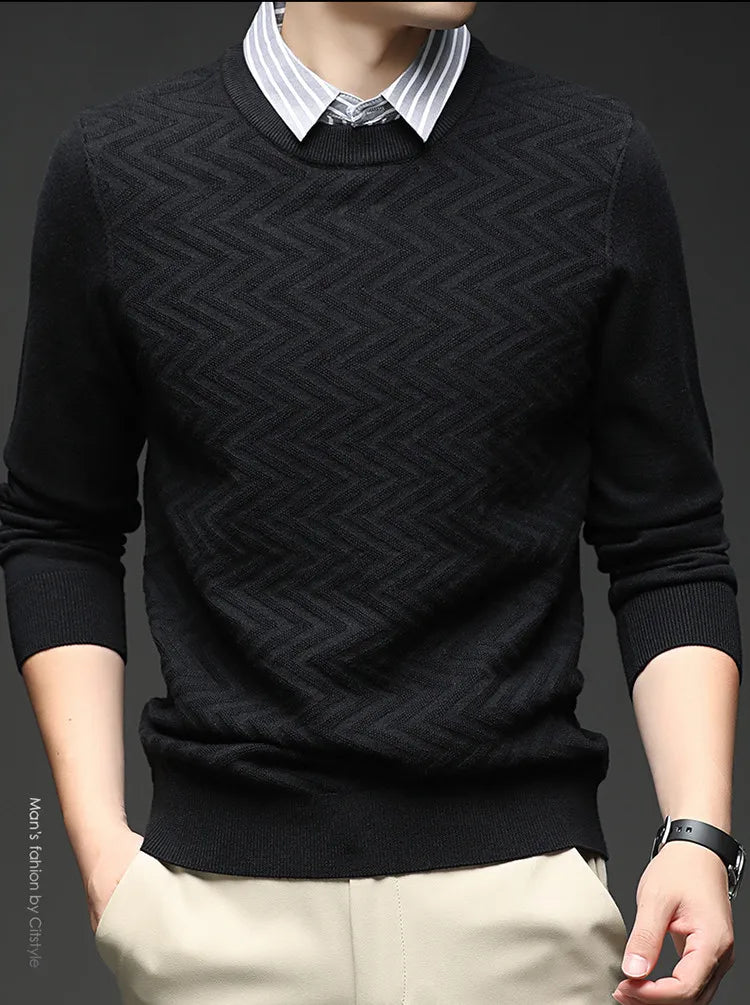 Men's Knitted Sweater With Shirt Collar - Vintage Style Fake Layered Business Casual, Pullover Old Money Style Top