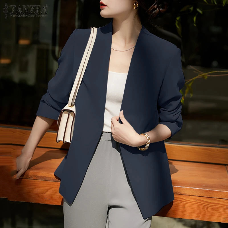 2025 Autumn Lightweight Blazer for Woman V-Neck Long Sleeve Solid Colour Casual Suit Coats Korean Fashion Office Wear