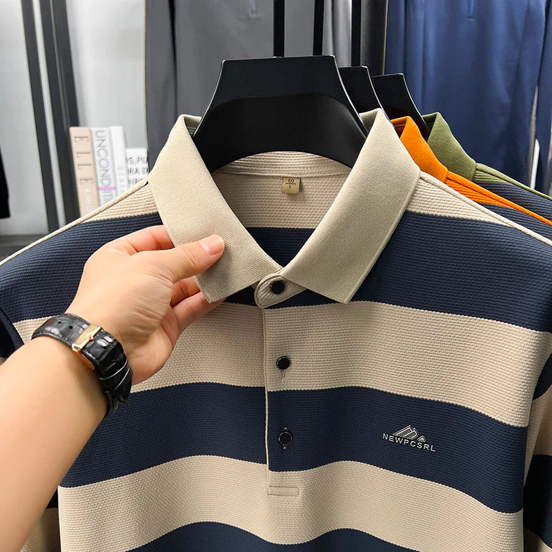 Men's Autumn Long Sleeve Polo Shirt Colourful Striped, Stretchy Double-sided Pique Knit Fabric