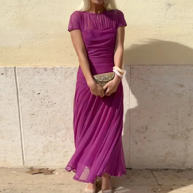Women Summer Round Neck Loungewear Dress, See Through Solid Mesh Patchwork Elegant Maxi Dress, Short Sleeve Casual Ladies Dress