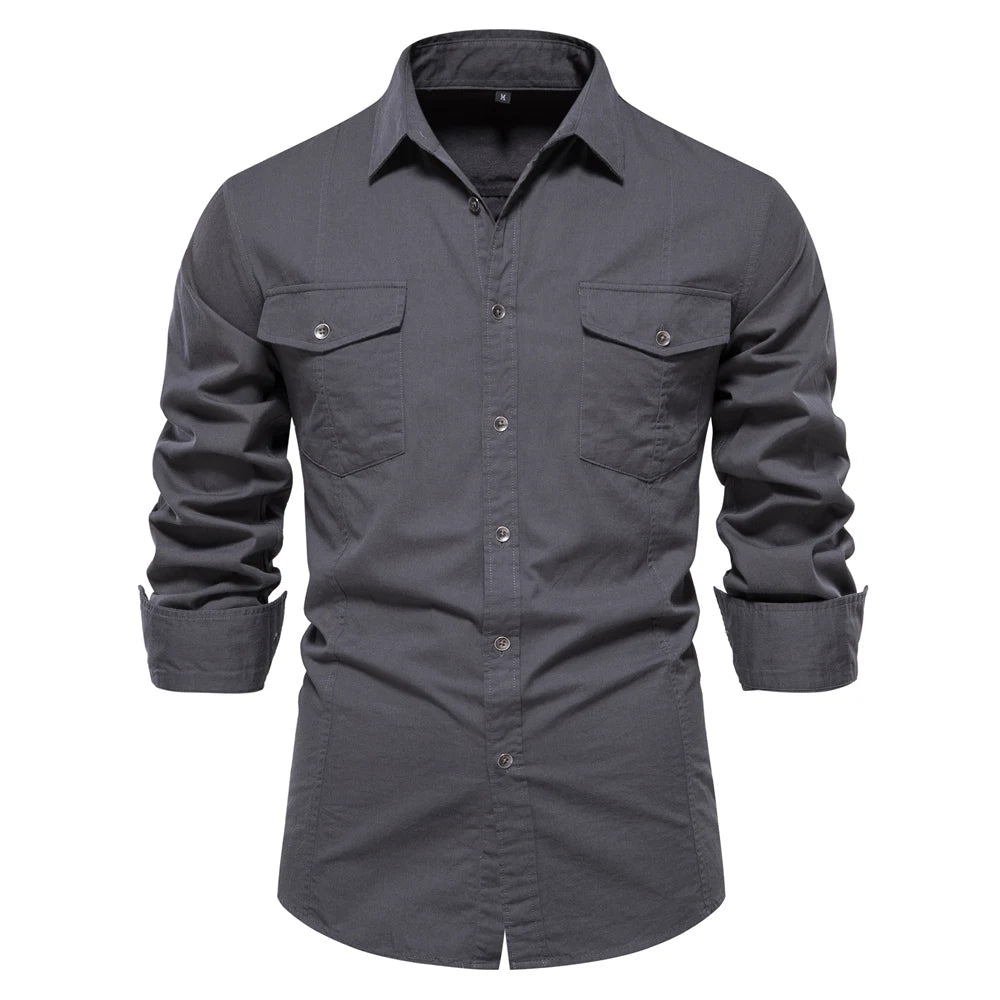 Men's Autumn Military Style 100% Cotton Pocket Shirt Solid Colour Slim Casual Long Sleeve Male Shirt For Men