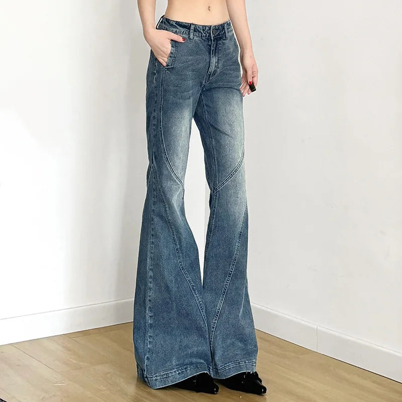 Women's Washed Denim Pants Trend Streetwear Y2K Low-Waist Flare Jeans Woman Casual All-Match Slimming Wide Leg Trousers