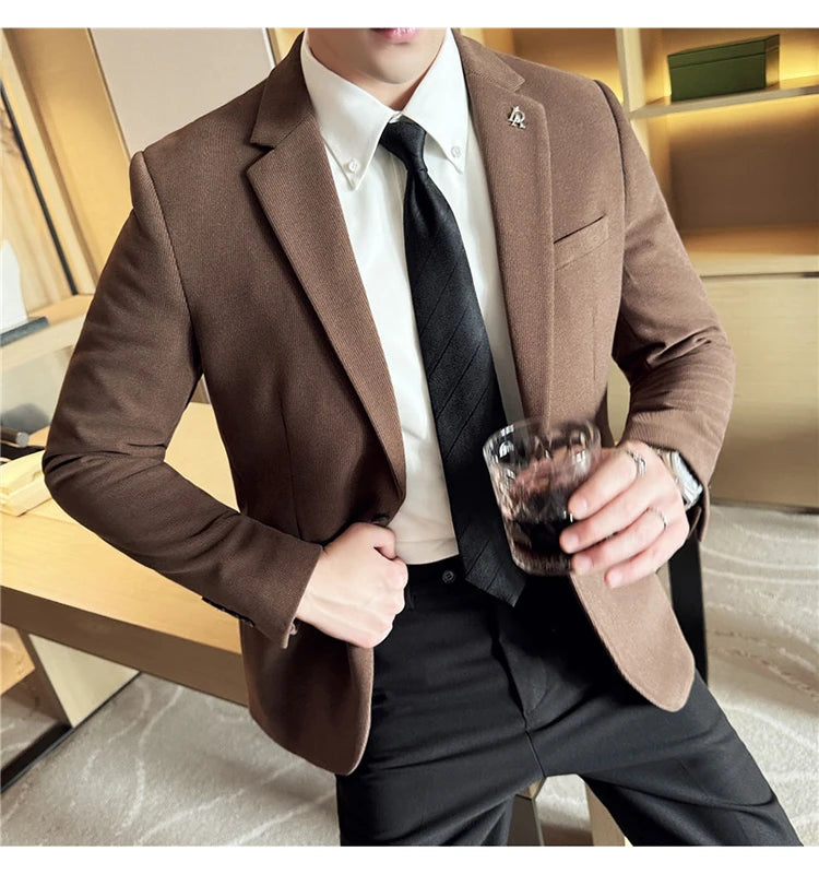 Men's Thickened High-Quality Daily Work Formal Single-Breasted Woollen Coat with Dark Stripe for Autumn and Winter Size S-4XL