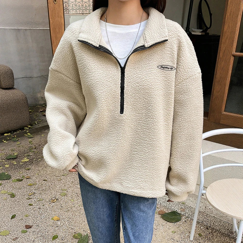 Autumn Winter Hoodies 2025 Women's Comfy Solid Colour Long Sleeve Zipper Half Open Collar Loose Fit Casual Hoodies