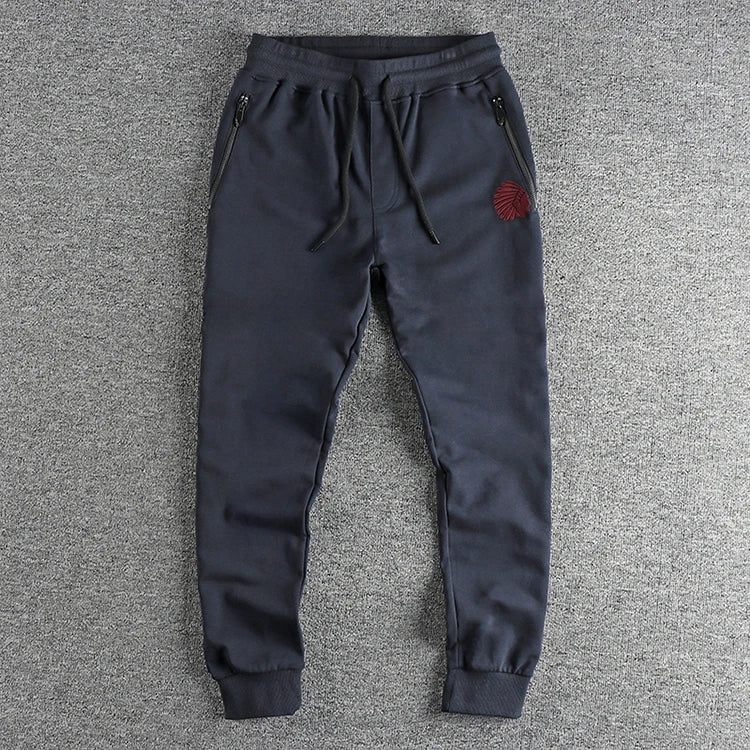 Autumn American Retro Terry Knitted Embroidery Sweatpants Men's Simple Elastic Waist Drawstring Sport Casual Youth Slim Pants