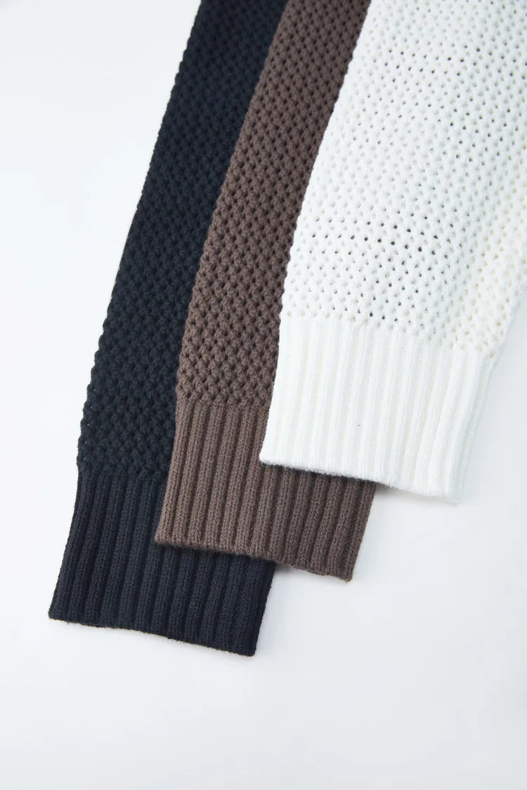 Men's Autumn/Winter Colour-Block Striped Polo Collar Knitted High Quality Hollow Out Cardigan With 60% Cotton