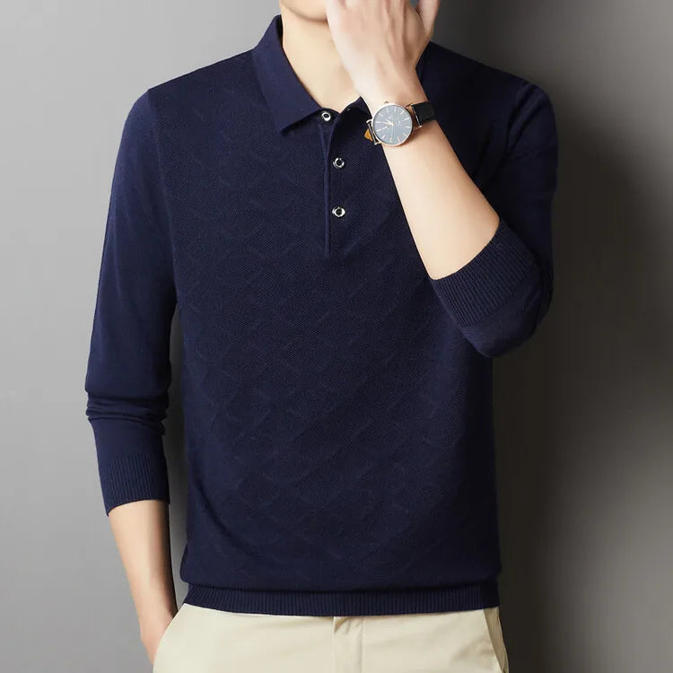 Men's High Quality Woollen Polo Shirt, Blend Fashionable Embroidered Long Sleeve Tee, Korean Style Casual Menswear