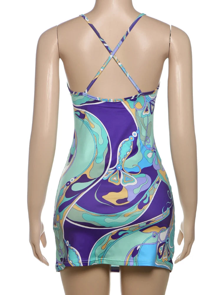 Women's Y2K Backless Dress Sleeveless Colorful Print Tight Mini Summer Sexy Clubwear High Stretch Polyester Spandex