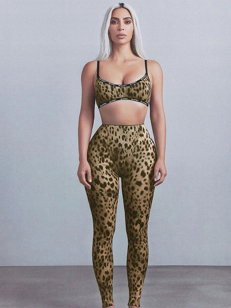 Stretch Women 2 Piece Set Activity Leopard Print Sexy Tracksuit Streetwear Sporty Camisole Vest + Leggings Skinny Outfits