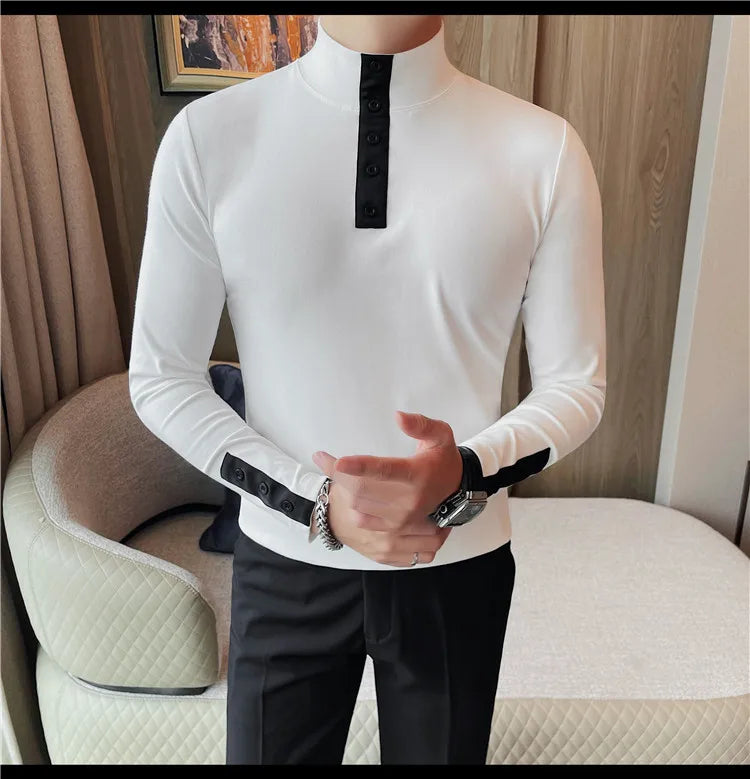 Men's High Quality Long Sleeve T-shirt For Autumn & Winter, Half-High Collar, Solid Colour Top. Collar Button Polo, Suitable As Business Casual