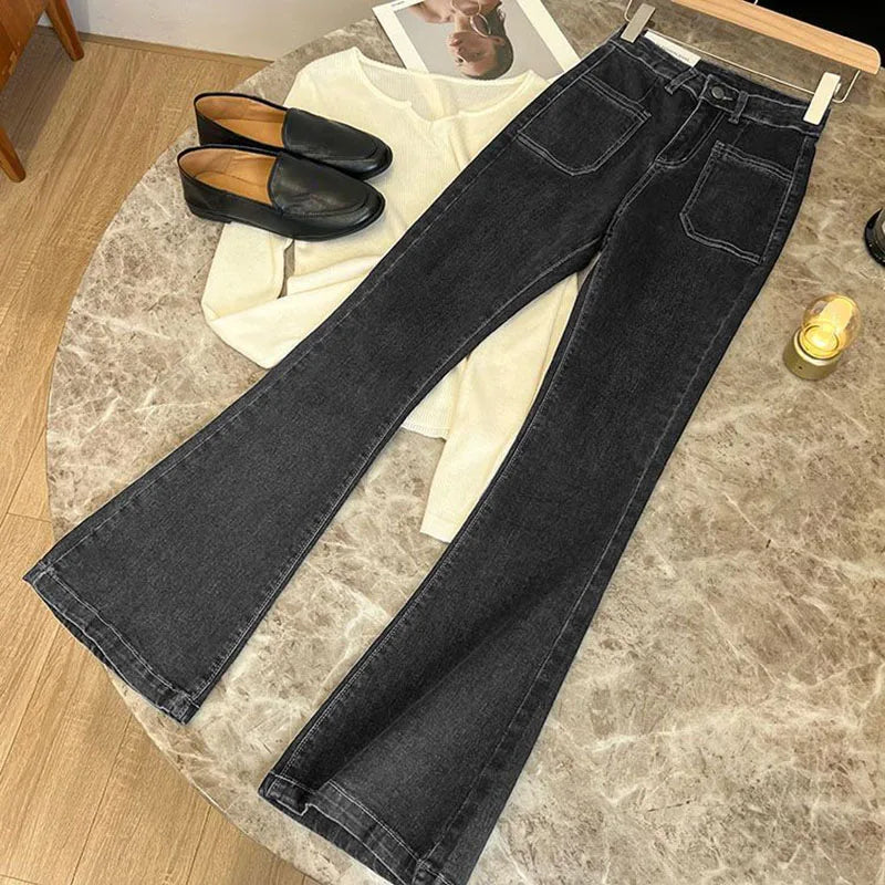 New Women's High Waist Washed Jeans Korean Style Pockets Slim Denim Flared Pants Ladies Vintage Stretch Classic Jean Trousers