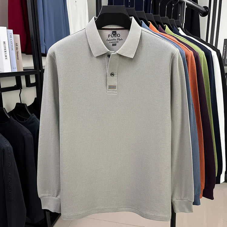 Men's Autumn 100% Breathable Cotton, Long-Sleeve Polo Shirt - Classic Cotton Collared T-Shirt With Business Casual Design