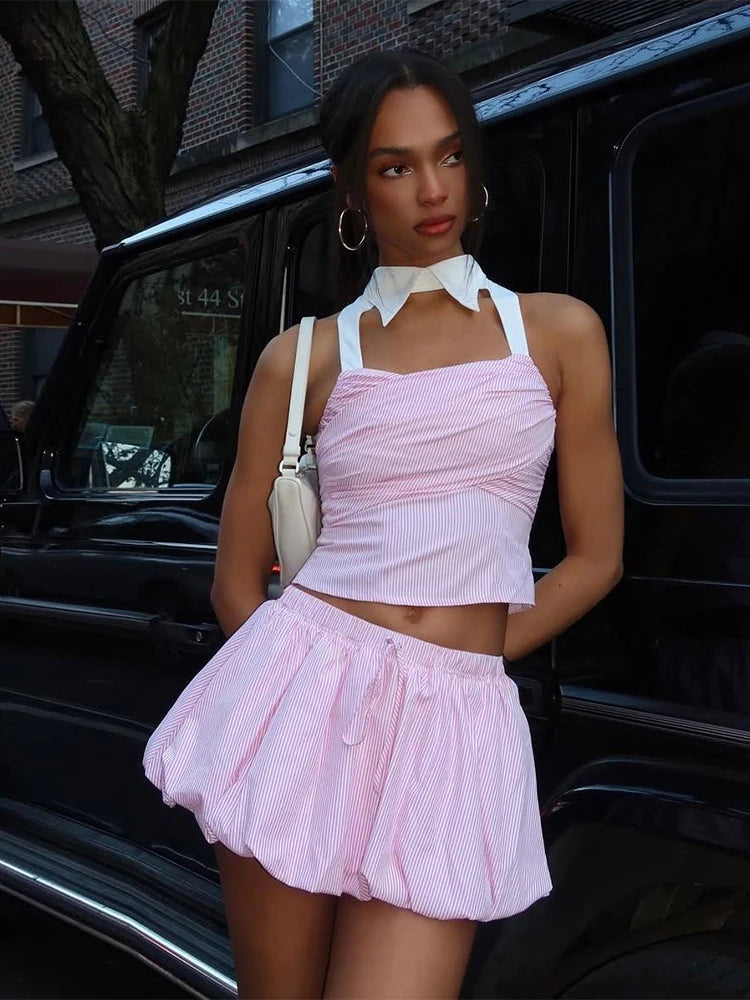 Sweet Fit Striped Print 2Piece Set Women Patchwork Button Hollow Backless Button Tops + Lace-Up Puffy Skirt Matching Suit