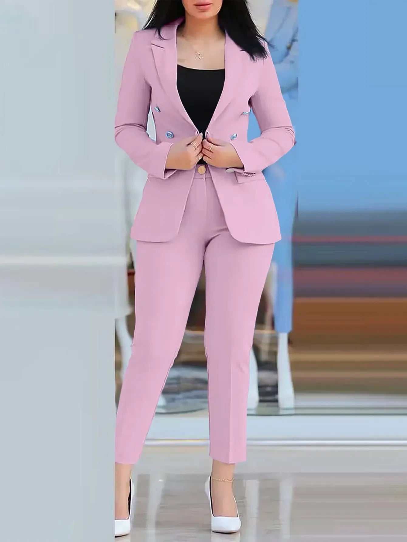 Sets for Women 2 Pieces Autumn Fashion Notched Neck Long Sleeve Blazer & Elegant High Waist Work Pants Set Office Lady